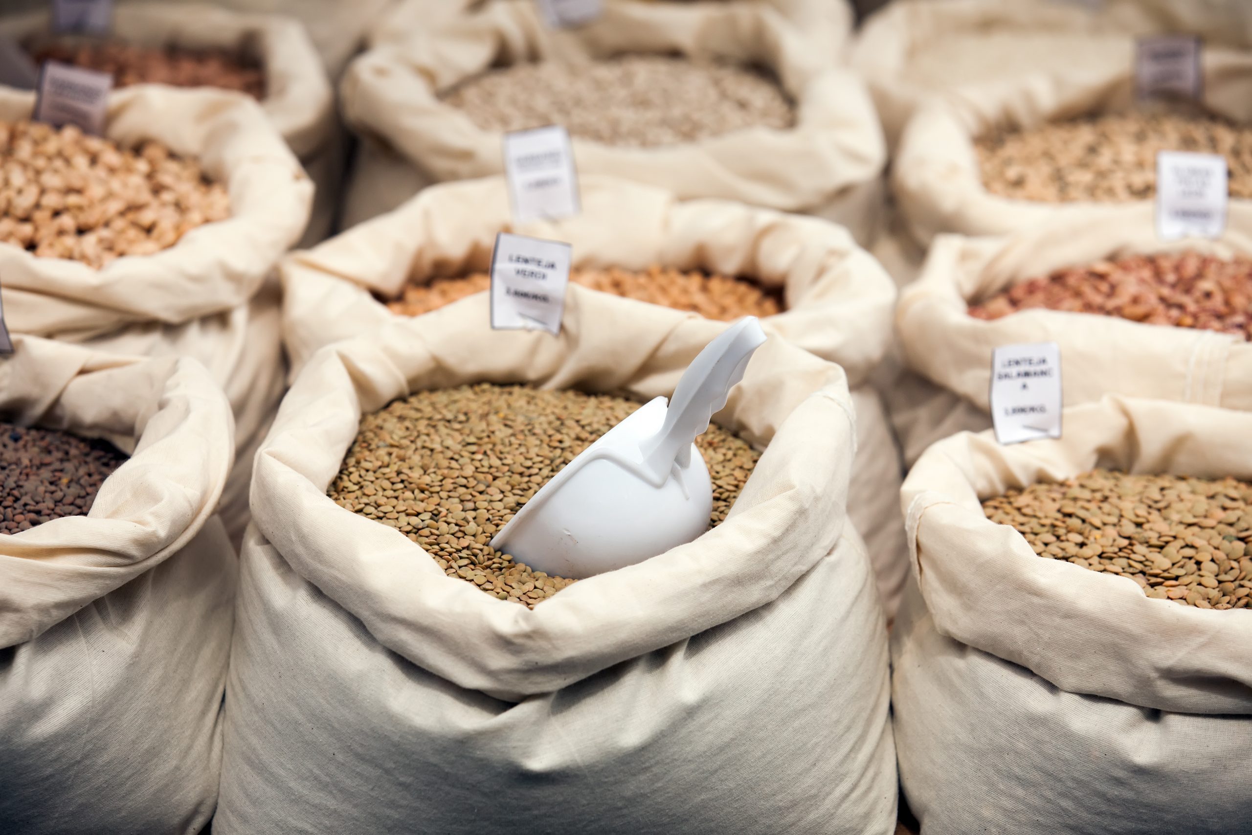 Various grains in bags at  market