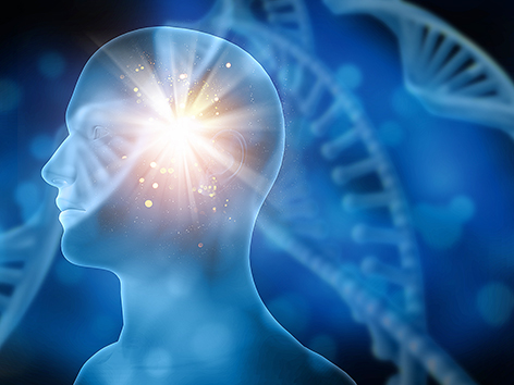 3D medical background with blurred DNA strands and male head